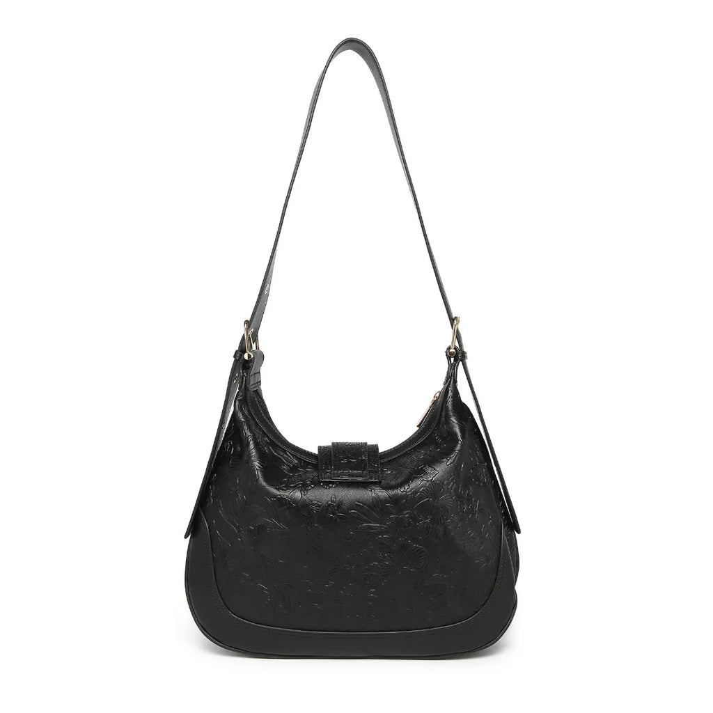 Black Embossed Floral Leather Hobo Bag for Women