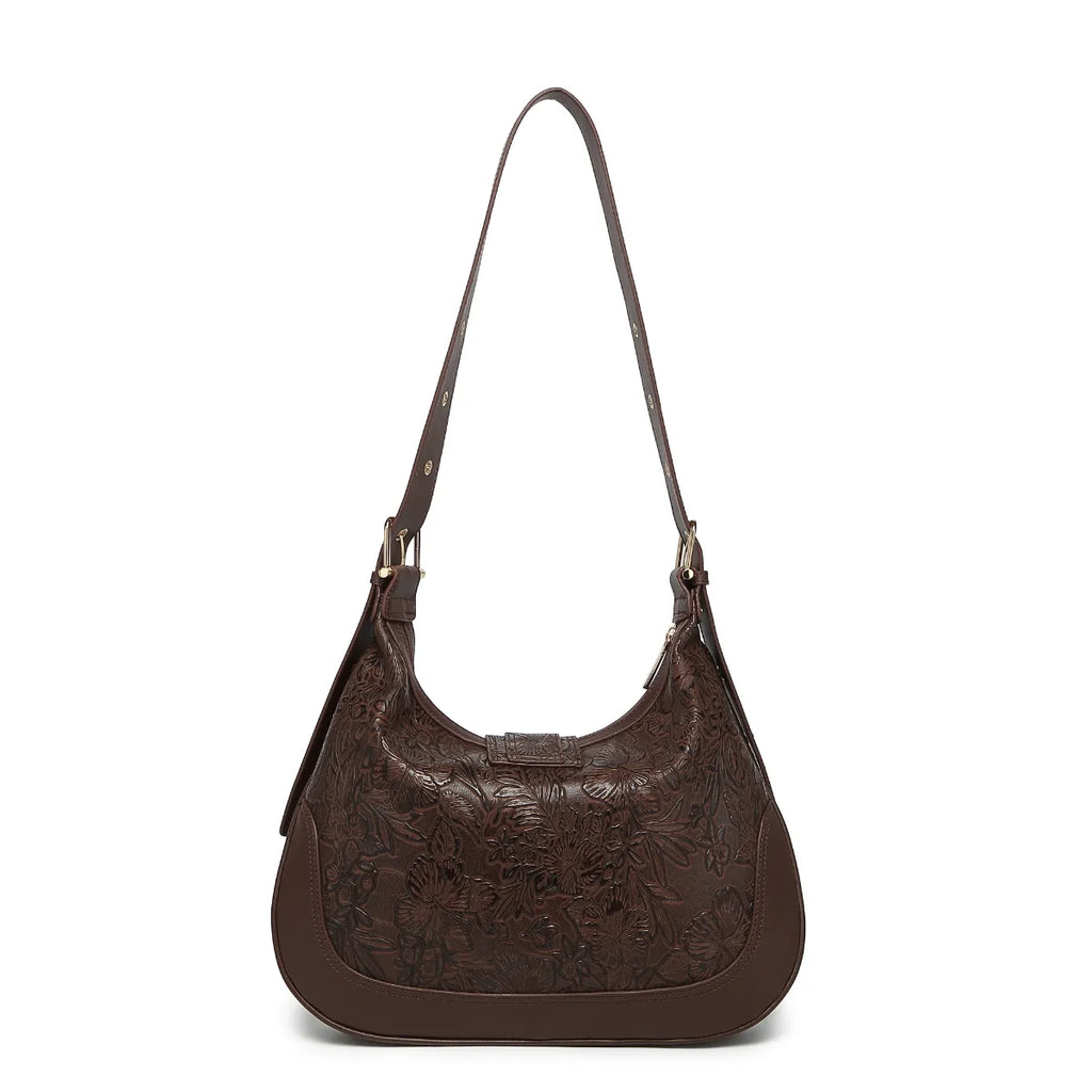 Brown Embossed Floral Leather Hobo Bag for Women