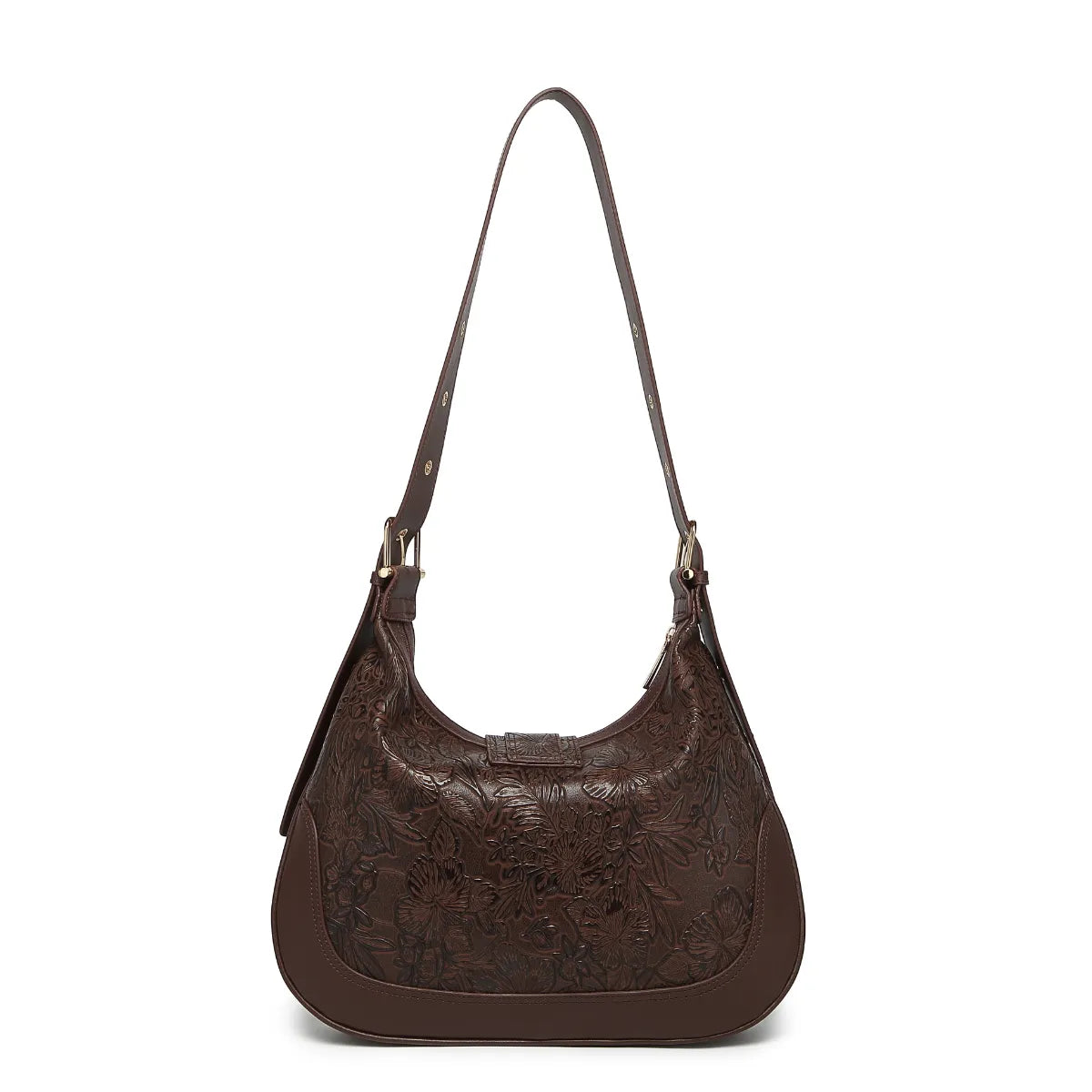 Brown Embossed Floral Leather Hobo Bag for Women