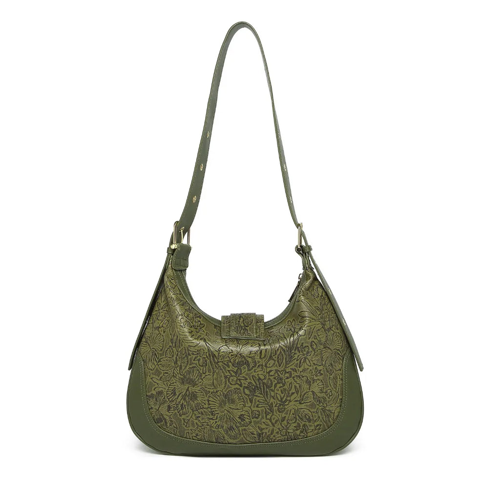 Green Embossed Floral Leather Hobo Bag for Women