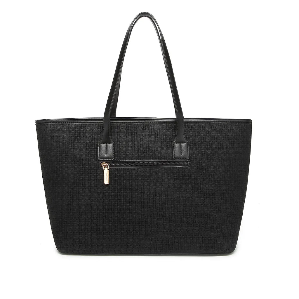 Black Woven Straw Textured Tote Bag for Women
