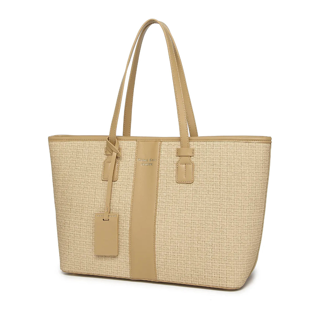 Beige Woven Straw Textured Tote Bag for Women