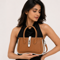 Beige Women's Dual Tone Top Handle  Handbag with Detachable Shoulder Strap