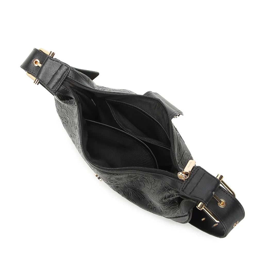 Black Embossed Floral Leather Hobo Bag for Women