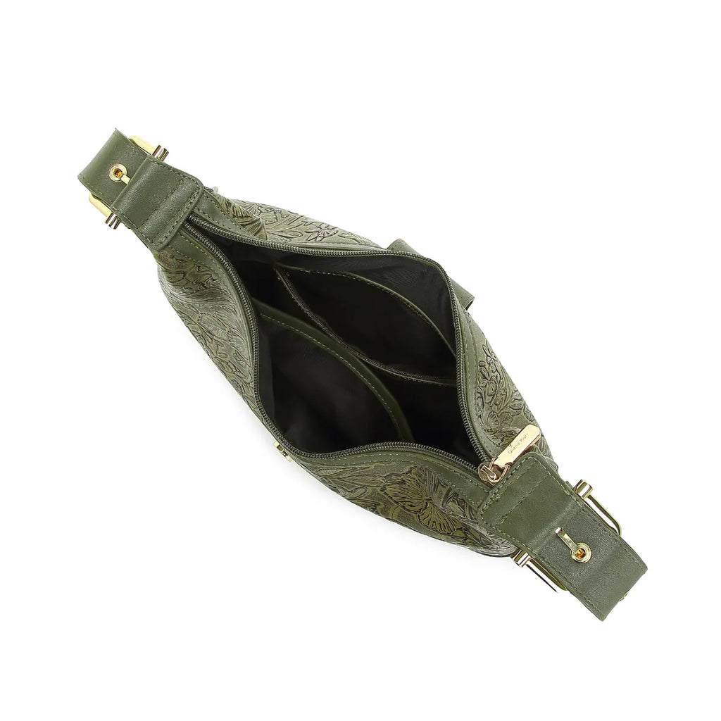 Green Embossed Floral Leather Hobo Bag for Women