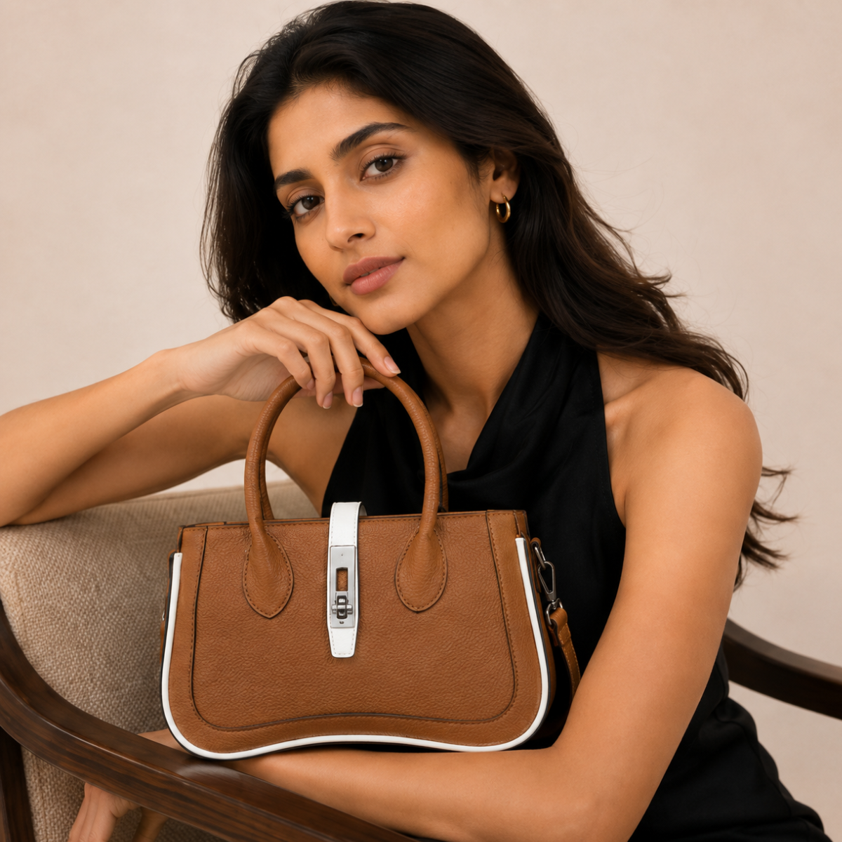 Beige Women's Dual Tone Top Handle  Handbag with Detachable Shoulder Strap