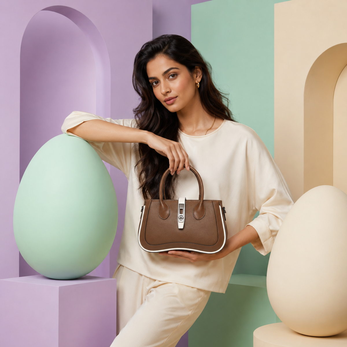 Coffee Women's Dual Tone Top Handle  Handbag with Detachable Shoulder Strap
