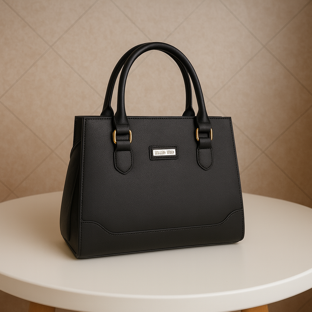 Elegant Structured Black Leather Handbag with Golden Accents | Luxury Women's Tote
