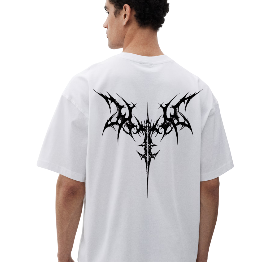 Men’s White Oversized T-Shirt – Minimal Gothic Chest Log