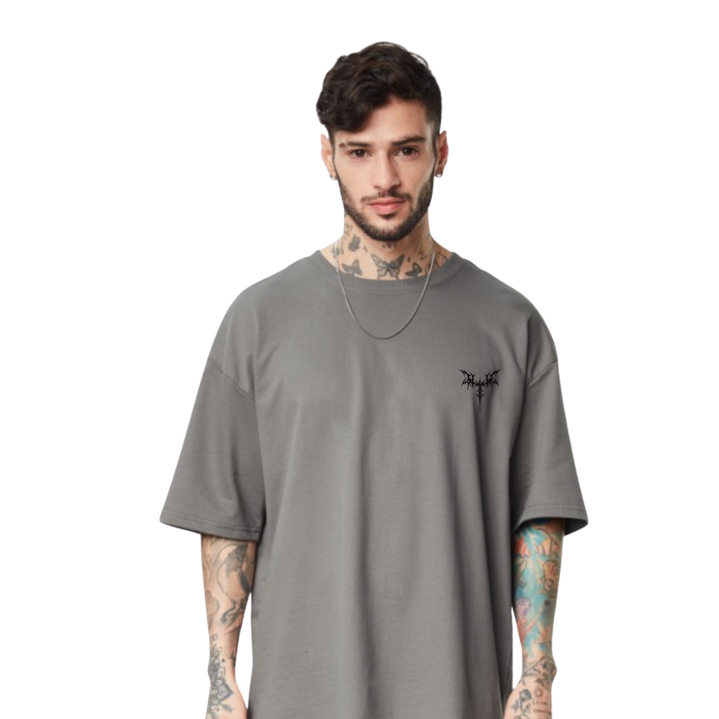 Men’s White Oversized T-Shirt – Minimal Gothic Chest Log