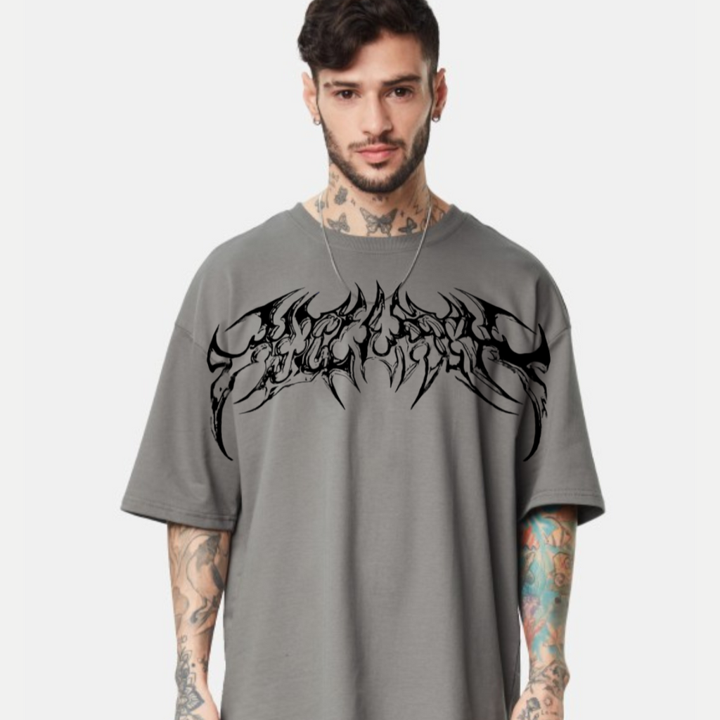 For Men’s Chrome Thorn Crest Oversized Tee – Metallic Front Graphic