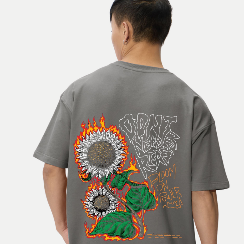 Mens-oversized-sunflower-flame-back-print-tee-black